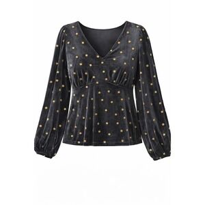 LOFT Womens Black Gold Velvet Celestial Starburst V-Neck Balloon Sleeve Top Sz L